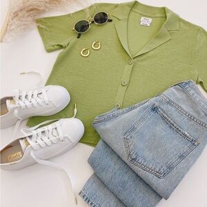 RVCA Green Button-Up Short Sleeve Cardigan